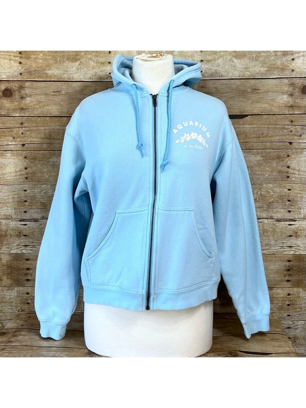 Aquarium of the Pacific Hoodie Womens Small Light Blue Zip Up Fleece Sweatshirt
